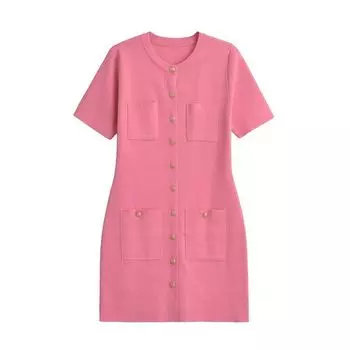Модный стиль Летняя вязаная мини-юбка с золотыми пуговицами Pink S