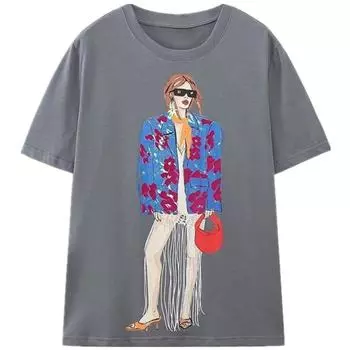 Модный стиль Лето Новая мода Трендовая Женская Свободная Легкая в сочетании Футболка с принтом девушки 1131348 807 Dark gray S