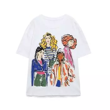 Модный стиль Лето Новая мода Трендовая Женская Свободная Легче всего для сочетания Футболка с принтом девушки 0264326 250 White S