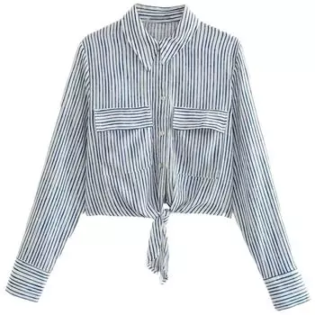 Модный стиль Лето Новое поступление Модная трендовая женская одежда Легче всего сочетать Длинные рукава Воротник поло Полосатая рубашка 7735518 044 Figure Color M