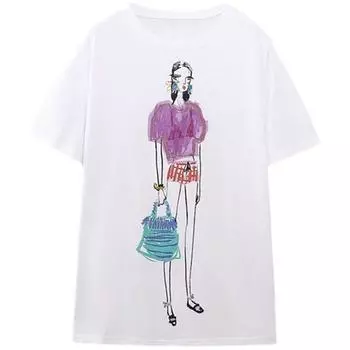 Модный стиль Новое поступление Модная женская одежда Свободная футболка с принтом девушки с круглым вырезом и коротким рукавом 5644070 250 White L