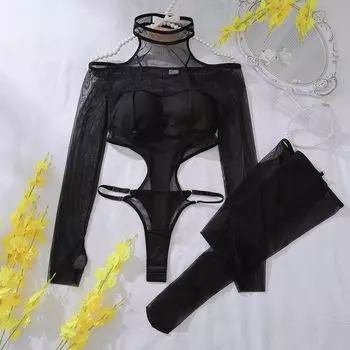 Модный стиль однотонный рубчик нить высокий разрез Инь треугольный комбинезон женский водолазка длинный рукав все сочетается облегающий низ базовая футболка Black S