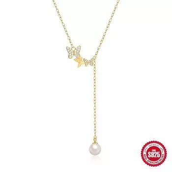 Модный стиль S925 стерлинговое серебро сказочный размер бабочка бриллиант жемчуг женская ключица с ожерельем 925 Silver золотой