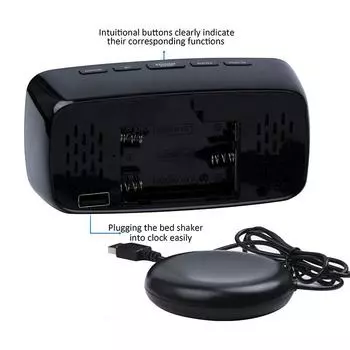 Модный супер громкий вибрирующий будильник с функцией встряхивания кровати, многофункциональный, с двумя USB-портами, для крепкого сна, глухих, слабослышащих, с функцией повтора сигнала чёрный