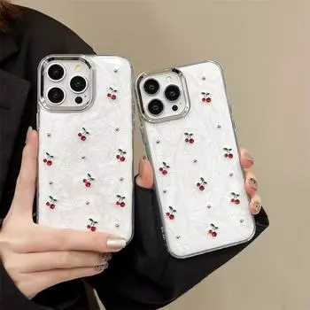 Модный сверкающий милый 3D чехол для телефона с блестками вишневого цвета для iPhone 16 15 13 12 11, ультратонкий чехол с гальваническим металлическим кольцом для камеры iPhone 16 Pro Max красный