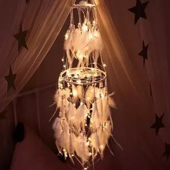 Модный светодиодный звездный свет «Ловец снов» с белым пером и жемчугом «Ловец снов» ночник для дома белый