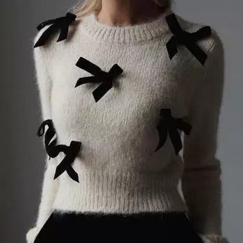 Модный свитер-пуловер с длинным рукавом и галстуком-бабочкой для женщин, осенне-зимний, однотонный, с круглым вырезом, женские свитера, повседневные, мягкие, теплые, плюшевые, вязаные джемперы 25120 S белый