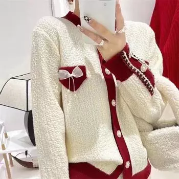 Модный свитер с бантом для женщин, осенне-зимнее платье, дизайн Sense, однобортный вязаный свитер, кардиган, красное пальто, топы для женщин One size красный