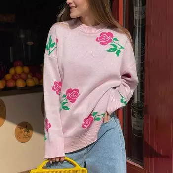 Модный свитер с цветочным принтом, женский повседневный свободный вязаный топ, зимний толстый теплый вязаный пуловер большого размера M розовый