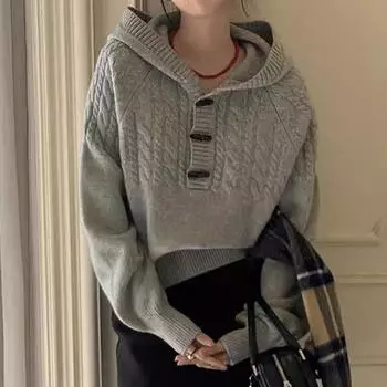 Модный свитер с длинным рукавом и капюшоном, женский новый свободный вязаный простой зимний свитер, женский элегантный винтажный повседневный теплый трикотажный свитер 25329 One Size красный