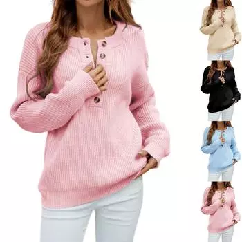 Модный свитер с круглым вырезом и зимний новый однобортный однотонный свитер-пуловер для женщин L бежевый