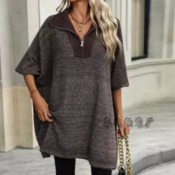 Модный свитер средней длины с длинным рукавом и застежкой-молнией на лацкане для женщин S чёрный