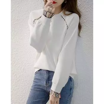 МОДНЫЙ свитер свободного покроя, свободный пуловер Guochao, сращивание, длинный рукав, темпераментная куртка, женская весна, новая модная одежда S recommends 70-45kg белый