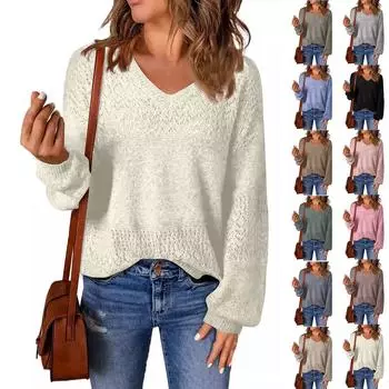 Модный свитер женский осенний однотонный пуловер свободный V-образный вязаный топ L чёрный