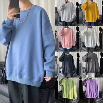 Модный свитшот с круглым вырезом для мальчиков «Ранняя осень» — однотонный, повседневный стиль Гонконга, свободный крой, пуловер со спущенными плечами L