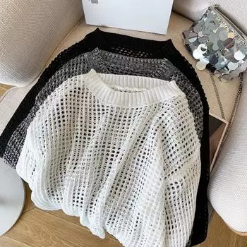 Модный свободный ажурный солнцезащитный вязаный свитер для женщин, осенний тонкий длинный рукав, круглый вырез, трикотаж, женские элегантные повседневные свитера 24799 One Size белый