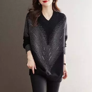 Модный свободный длинный свитер с V-образным вырезом для женщин средней длины и размера плюс L