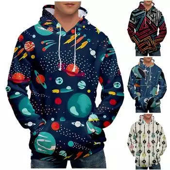 Модный свободный мужской и женский свитер с капюшоном с длинным рукавом и принтом M чёрный