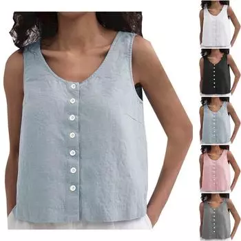 Модный свободный однотонный топ на пуговицах без рукавов Somen s Top XL розовый