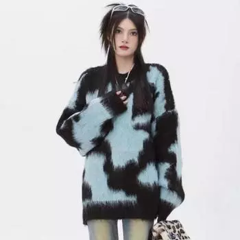 Модный свободный пуловер, вязаный свитер, женский осенний наряд, длинный рукав, ретро-шикарный женский трикотаж, топы, элегантный круглый вырез, мягкие теплые свитера 24950 One Size серый