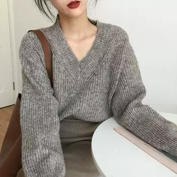 Модный свободный свитер с V-образным вырезом для женщин, осенний, с длинным рукавом, однотонный, зимний, новый винтажный вязаный свитер, женский, элегантный, теплый, базовый трикотаж 25047 One Size белый