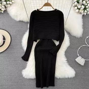 МОДНЫЙ Свободный трикотажный топ с длинными рукавами и круглым вырезом в стиле ленивой вязки + утягивающий жилет с V-образным вырезом, комплект из двух предметов One Size синий