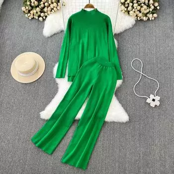 Модный свободный воротник с длинными рукавами, нерегулярные вязаные топы с высокой талией, тонкие прямые брюки, комплект из двух предметов One Size чёрный