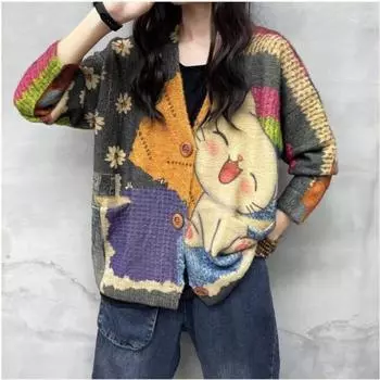 Модный свободный вязаный кардиган с длинным рукавом и принтом для женщин, свободный тонкий осенне-зимний женский свитер, куртка, элегантные винтажные офисные женские кардиганы 25723 L жёлтый