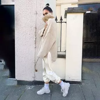 Модный свободный вязаный свитер с высоким воротом, женский повседневный свитер однотонных цветов для осени и зимы S хаки