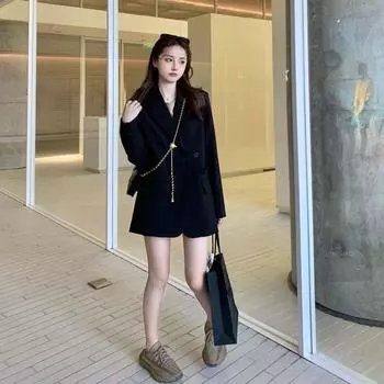 Модный свободный зеленый пиджак Krean для женщин с пуговицами на поясе, свободное черное пальто L чёрный
