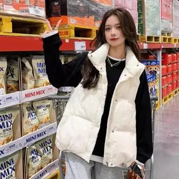 Модный свободный жилет для женщин с утолщенным воротником-стойкой в корейском стиле S белый