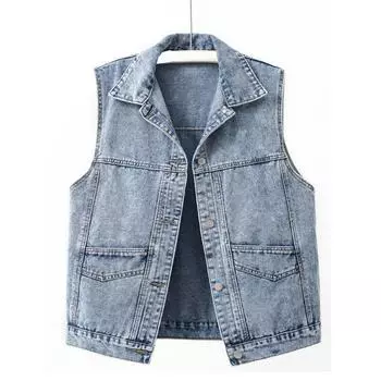 Модный свободный жилет с карманами, повседневный джинсовый жилет без рукавов с пуговицами, джинсовое пальто с отложным воротником 29278 M чёрный