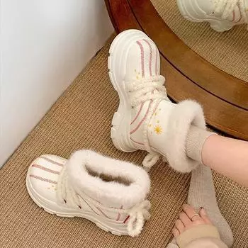 Модный темперамент Белые зимние ботинки на высокой платформе Женские новые зимние бархатные нескользящие ботинки 2025 года из северо-восточного хлопка 35 бежевый