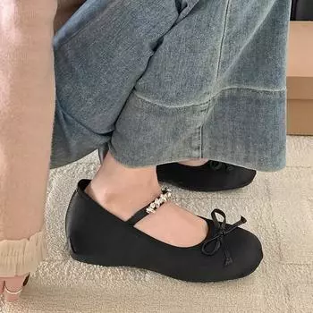 Модный темперамент французский балетный стиль плоская подошва неглубокие тонкие туфли женские 2025 новые весенне-осенние юбки туфли Мэри Джейн 35 чёрный