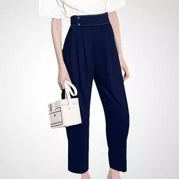 Модный темперамент однотонный популярный с высокой талией все сочетающиеся повседневные брюки Navy L(In stock)