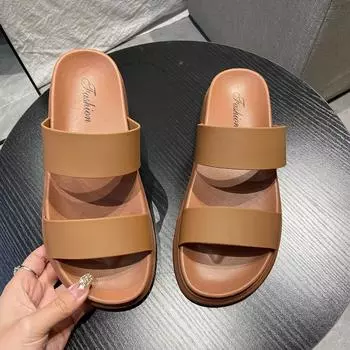 Модный темперамент с открытым носком плоские тапочки женские слова с летней прохладной тапочки женская одежда тапочки на платформе пляжная обувь 35 чёрный