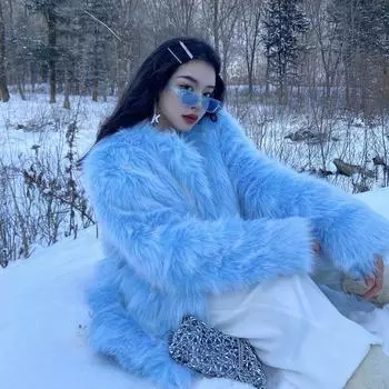 Модный темперамент средней и длинной длины, популярный осенью и зимой, новое тонкое пушистое искусственное меховое пальто, женское, синего цвета S синий