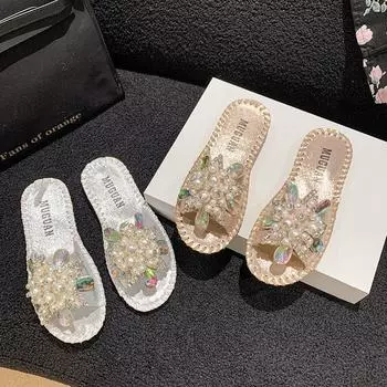 Модный темперамент жемчужный цветок носить плоские тапочки женские 2024 новый ретро с юбкой фея ветер одно слово перетащить 36 золотой