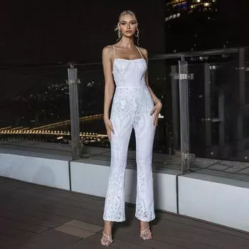 модный темпераментный элегантный стильный комбинезон с утягивающим кружевным комбинезоном на бретельках S белый