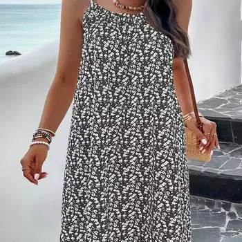 Модный темпераментный цветочный принт с круглым вырезом без рукавов платье на подтяжках с принтом S чёрный