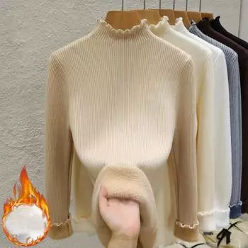 Модный теплый свитер 2024 года, зимний однотонный утолщенный бархатный свитер с оборками и воротником-стойкой, женский вязаный пуловер, тонкие топы, трикотажный джемпер One Size