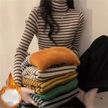 Модный теплый свитер женский вязаный пуловер осень зима полосатый утолщенный бархатный свитер водолазка тонкий y2k топы трикотаж джемпер One Size