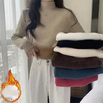 Модный теплый вязаный свитер из искусственного меха норки, тонкий зимний свитер с воротником-стойкой из плотного бархата, женский трикотажный джемпер One Size