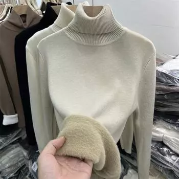 Модный толстый бархатный вязаный свитер для женщин, осенне-зимний однотонный свитер с высоким воротом, женские элегантные облегающие плюшевые теплые повседневные джемперы 25239 One Size чёрный