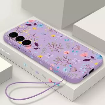 Модный тонкий чехол с цветочным принтом для Samsung Galaxy S24 S23 Ultra S22 S21 Plus S20 FE A55 A54 A52 A35 A34 A14, мягкий противоударный чехол из ТПУ с ремешком Samsung S24 чёрный