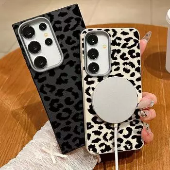 Модный тонкий магнитный чехол с леопардовым принтом для Samsung S25 S24 FE S23 Ultra S22 Plus S21 S20 FE, мягкий матовый противоударный чехол для телефона Magsafe Samsung S25 чёрный
