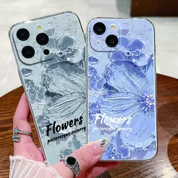 Модный тонкий прозрачный чехол с рисунком маслом и цветочным узором для iPhone 15 14 13 Pro Max 12 Pro 11, ударопрочный глянцевый жесткий защитный чехол для ПК iPhone 15 бежевый