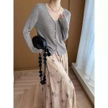 Модный тонкий вязаный кардиган с V-образным вырезом ранней весной one size жёлтый