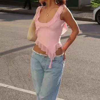 Модный топ без рукавов с круглым вырезом, сексуальные укороченные топы с открытой спиной и оборками, лето 2023, повседневная уличная одежда, женские майки S чёрный