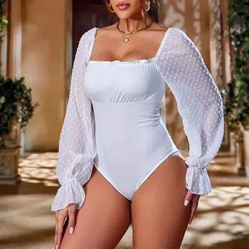 Модный топ для отдыха с сетчатым комбинезоном с квадратным воротником и треугольной окантовкой с длинными рукавами S белый